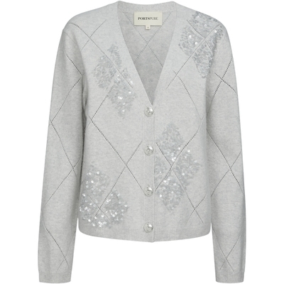 宝姿PORTSPURE女装2026早春新品饰亮片菱格图案V领短款针织开衫
