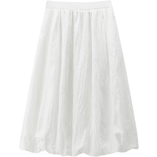 乐町长款伞裙小白裙夏季新款光泽皱感半身裙韩系女装甜美花苞长裙