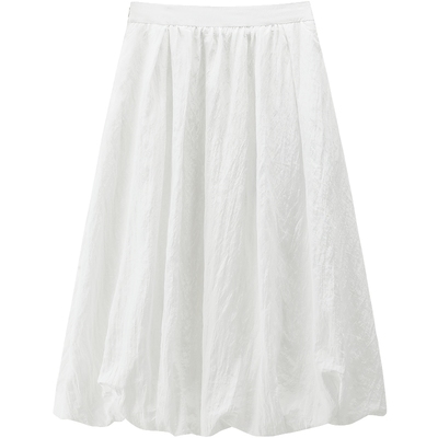 【爆款补单】乐町长款伞裙小白裙夏光泽皱感半身裙女甜美花苞长裙