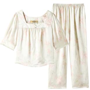美标中袖真丝睡衣女春夏季新款甜美印花6A级100%桑蚕丝家居服套装