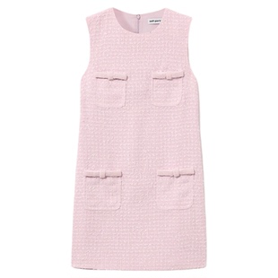 self-portrait 2025早春粉红色小香风仿珍珠设计粗花呢无袖连衣裙