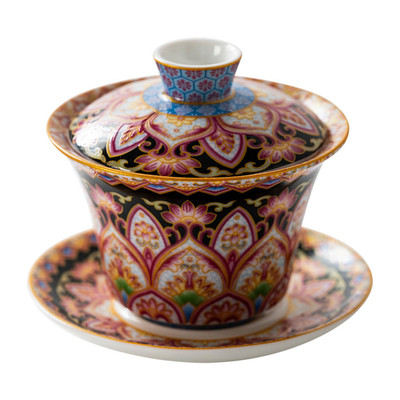 青花满彩珐琅彩扒花家用三才盖碗