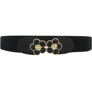 显瘦大码腰带女装饰连衣裙简约花朵收腰弹力皮带胖MM黑色松紧腰封