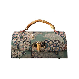 绿玫瑰波士顿手提包改良香云纱纯手工制作特色竹子提手旗袍手拎包