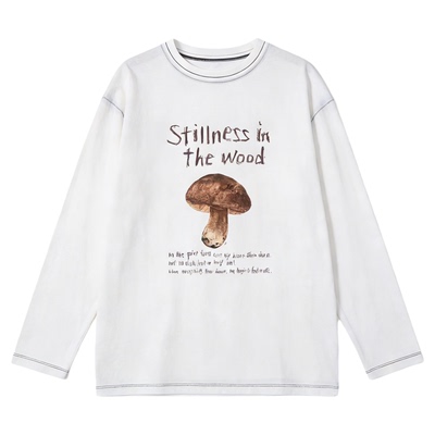 韩国fletta2026春季新款蘑菇印花明线设计宽松休闲长袖T恤