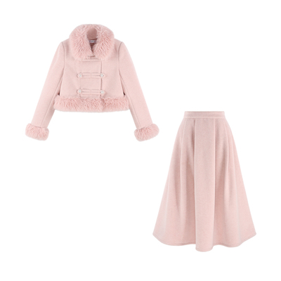 法式毛领短外套半身裙两件套