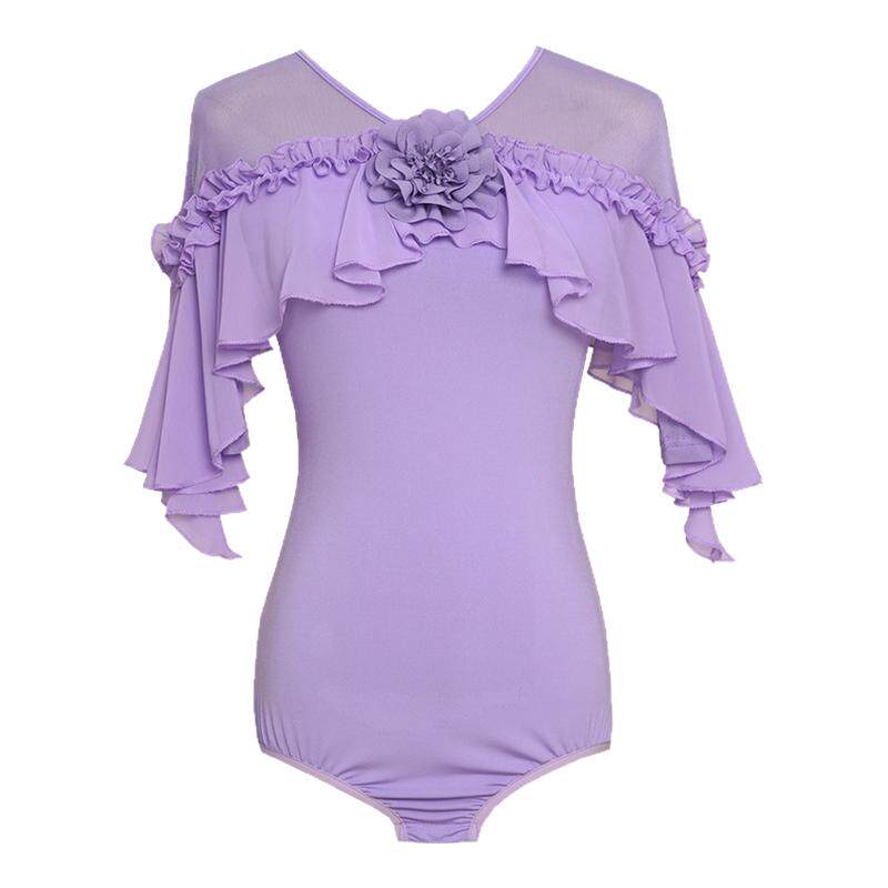 扉姿摩登舞服女士夏季新款连体衣交谊舞华尔兹荷叶边短袖上衣1462