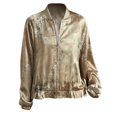 真丝短外套女2026春新弹力提花桑波缎印花棒球服桑蚕丝绸夹克开衫