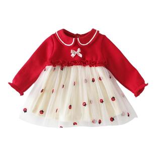 小女童宝宝秋冬装连衣裙婴儿网纱公主裙子红色新年衣服1岁2生日礼