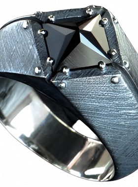 男纯银复古戒指黑色玛瑙镶嵌几何