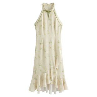 固执夏季新款新中式通勤立领无袖气质提花鱼尾中长款连衣裙女