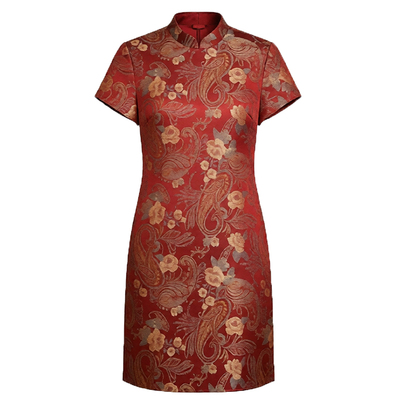 新中式真丝立领花卉刺绣旗袍裙