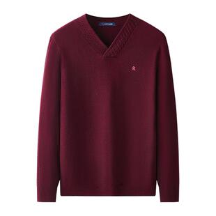 [100%绵羊毛/绞花领]梦特娇秋冬男士纯羊毛衫V领保暖针织毛衣厚J