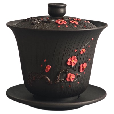 云南建水紫陶费宜兴紫砂盖碗根艺堆雕梅花三才盖碗纯手工自用茶具