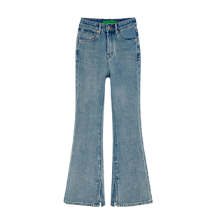 【现货】西草儿8808微喇牛仔裤女蓝色高腰喇叭裤弹力开叉拖地长裤