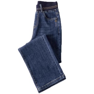 松紧腰阔腿牛仔裤女士长裤高腰弹力宽松窄版直筒裤妈妈大码女裤子