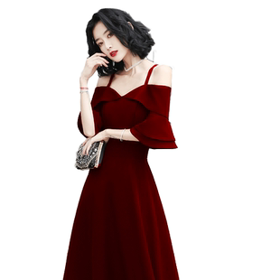 敬酒服2026新款新娘回门便装酒红色订婚连衣裙结婚小个子晚礼服女