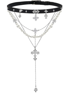 暗黑哥特复古十字架珍珠锁骨链