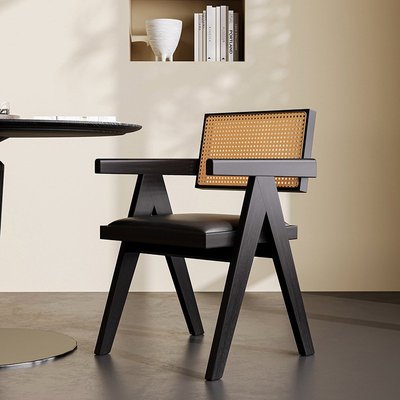 实木餐椅家用中古风昌迪加尔椅子软包休闲藤编椅风寂侘靠背椅扶手