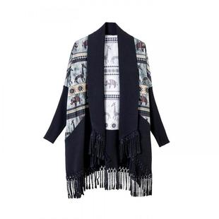 宝诗黎中长款流苏印花拼接外套2026春季气质设计感宽松大码女装