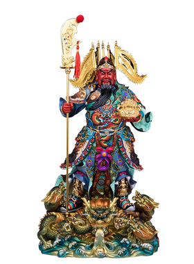 黄铜彩绘九龙关公交财神摆件