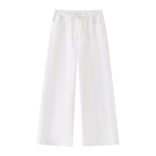 BM工装裤简约高腰抽绳阔腿裤女白色直筒裤宽松显瘦松弛风休闲裤女