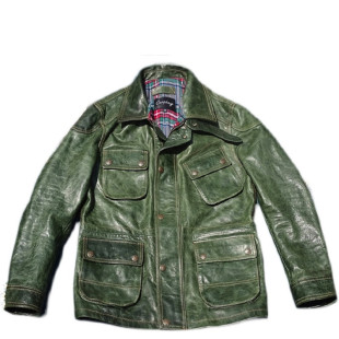 M65改版猎装款油蜡做旧马皮真皮皮衣男多口袋立领修身显瘦丛林色