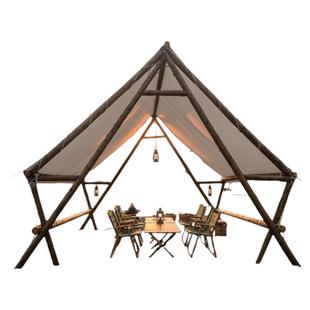 自然森系露营实木架户外天然原木帐篷场景搭建网红三角遮阳天幕架