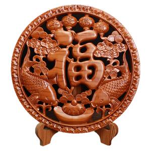 桃木福字实木雕刻摆件中式玄关镇宅客厅底座办公室家用装饰工艺品