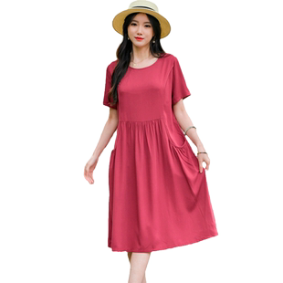 2026新款夏天棉绸连衣裙宽松遮肚气质妈妈大码人造棉纯色中长裙子