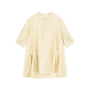 一城画一夏季文艺范宽松中长款衬衫小立领细条纹七分袖上衣