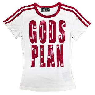 Gods plan*上帝计划25ss原创暗黑圆领字母拼色印花修身收腰短袖女