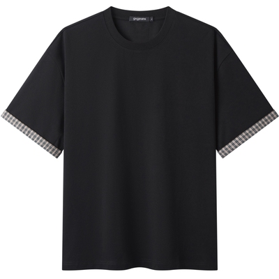 gxgjeans男装 格纹袖口拼接美式宽松圆领短袖T恤男生26夏新品