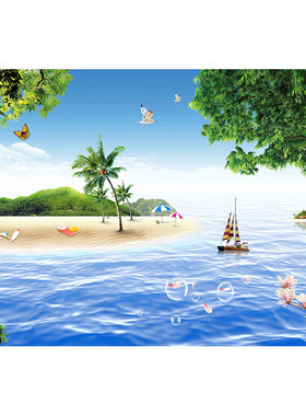 大海沙滩椰树蓝天白云沙滩风景画自粘画海报墙贴自然风景画