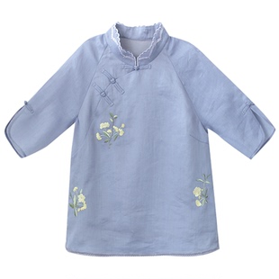 江南范中式紫色苎麻刺绣大小姐古法改良版改良旗袍小上衣复古女夏