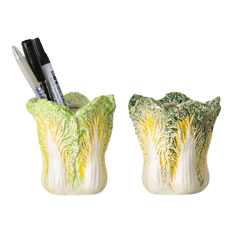化妆刷收纳筒高级感陶瓷白菜笔筒
