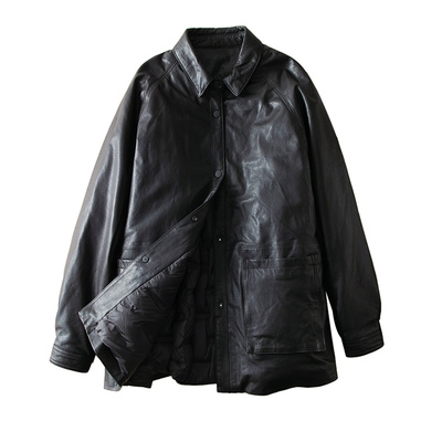 蛮文 酷帅有腔调 全植鞣绵羊皮按扣收腰中长款皮鹅绒服皮衣 46363