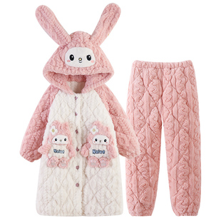 女童睡衣2025秋冬款儿童冬季珊瑚绒三层夹棉睡袍套装加绒女孩浴袍