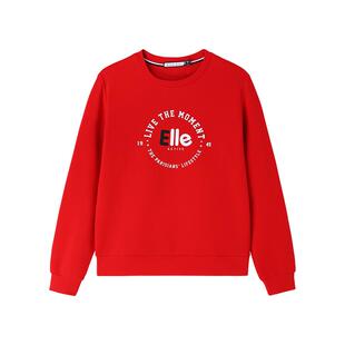 ELLE Active本命年新春红色卫衣女休闲运动上衣印花字母圆领内搭