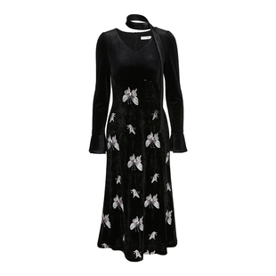 韩语琳 中式复古黑色丝绒连衣裙女重工蝴蝶刺绣优雅气质名媛长裙