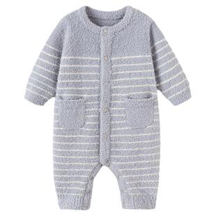【清仓】babylove婴儿半边绒连体衣冬季保暖哈衣宝宝毛绒条纹睡衣