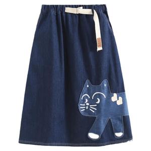 可爱猫咪贴布牛仔半身裙