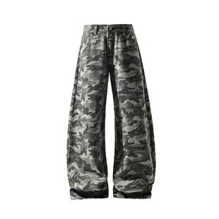 美式迷彩牛仔裤男秋季高街潮牌大码宽松阔腿拖地长裤弯刀裤子男款