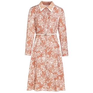 JESSIE优雅撞色蕾丝双层领印花连衣裙女收腰显瘦长裙25年秋季新款