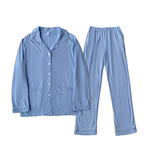 春秋天适合高个子女生175的睡衣加长版瘦高纯棉家居服蓝色裤长105