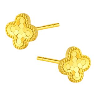 18.K蜂巢四叶草耳钉女纯银镀黄金色闪耀金鱼鳞幸运草耳饰耳环礼物