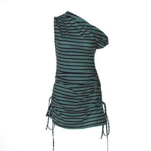 shemoda 欧美风弹力修身黑绿色条纹印花斜领露肩抽绳连衣裙短裙女