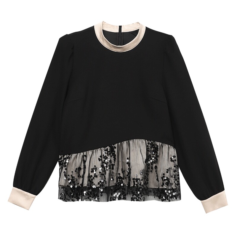 白鹿语气质拼接网纱亮片上衣女