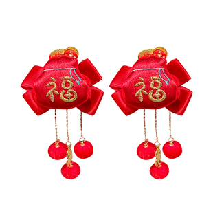 新年红色蝴蝶结儿童编发发箍女孩中国风假发辫子宝宝过年喜庆抓夹