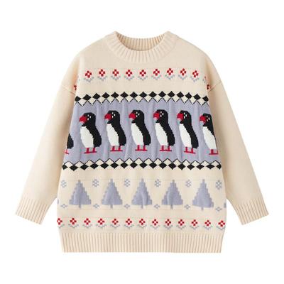 虾酱麻麻白色企鹅提花针织毛衣